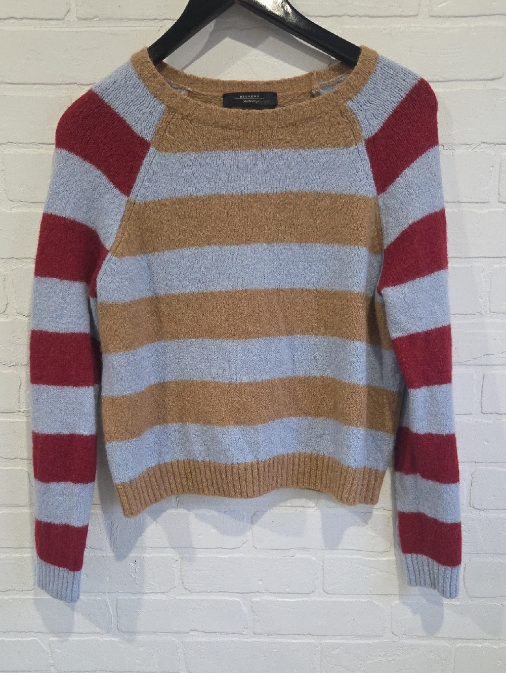 Weekend Max Mara Striped Crewneck Sweater in Light Blue, Camel & Red